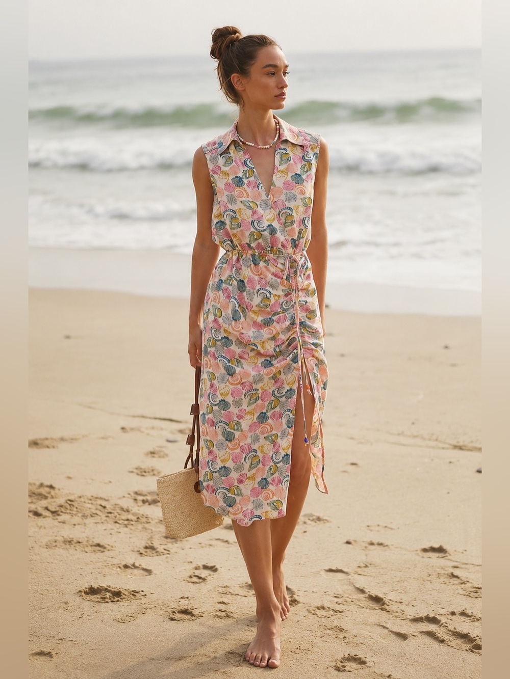 Anthropologie Linen Blend Seashell Print Midi Dress Side Slit Resort Coastal S